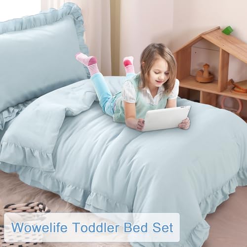 Wowelife Toddler Comforter for Girls Blue Toddler Bedding Set 4 Pieces Double Ruffles Comforter Sets, Cozy and Tender Bedding Includes Comforter, Fitted Sheet, Flat Top Sheet and Pillowcase Wowelife