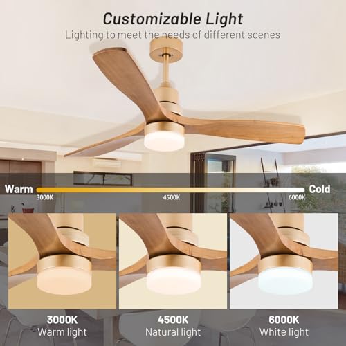 Baitai 52 inch Champagne Gold Luxury Style Ceiling Fan with Light Solid Wood Blade Noiseless Reversible Motor Dimmable Light Memory Living Room and Bedroom Ceiling Fan Baitai
