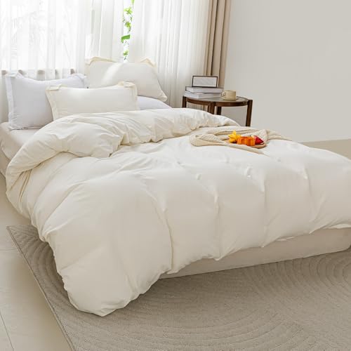 SheRest Beige Duvet Cover Twin Size - Soft Brushed Microfiber, 1 Duvet Cover 68x90 Inches with Zipper Closure 8 Ties & 1 Pillow Sham, Breathable Bedding Set for All Season (No Comforter) SheRest