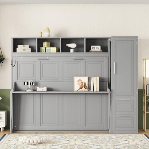Ball & Cast Murphy Bed Queen Size Wall Beds with Closet and Storage Drawers,Wood Hideaway Platform Bedframe w/Lock,can be Folded,Easy Assembly,for Kids Bedroom,Student Dorms,Gray Ball & Cast
