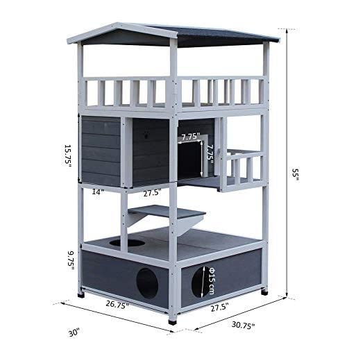 PawHut Wooden Outdoor Cat House, Feral Cat Shelter Kitten Condo with Asphalt Roof, Escape Doors, Condo, Jumping Platform, Grey PawHut