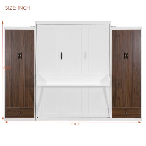 Ball & Cast Murphy Bed Queen Size with Two Side Wardrobes,Hideway Cabinet Bed,Foldable Wall Bed Frame with Led Light,Desk and Drawers for Guest Room,Apartment,Space-Saving,No Box Spring Needed,White Ball & Cast