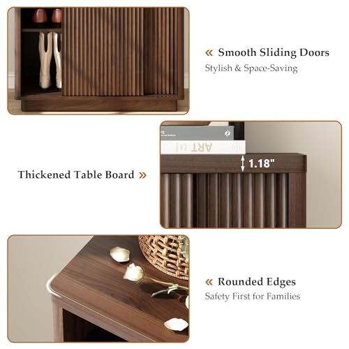 WINWY Fluted Shoe Cabinet with Sliding Door, 6-Tier Large Hidden Storage Organizer Modern Shoe Rack with Adjustable Shelves, Mid Century Freestanding Wooden Shoe Storage Cabinet for Entryway,Walnut WINWY
