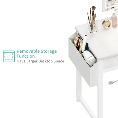 Lufeiya Small Makeup Vanity Desk with Fabric Drawers, 32 inch White Vanity Desks with Mirror and Light, Dressing Table and Chair Set with Power Outlet for Girls Bedroom, White Lufeiya