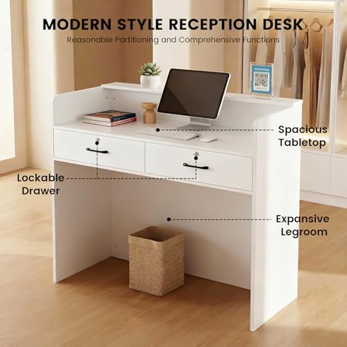 Small Reception Desk with Counter LED Lights,Modern Front Desk Checkout Counter with Lockable Drawer,Wooden Reception Room Tables, Cash Register Stand for Salon,Retail,Office,Lobby(White, 47.2in) WUIOYNF
