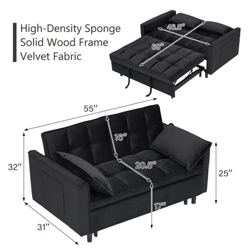 3 in 1 Convertible Sleeper Sofa Bed, Velvet Loveseat Futon Pull-Out Couch with Adjustable Reclining Backrest, Side Pockets and Pillows for Living Room, Bedroom, Apartment, Small Spaces (Black-Velvet) Ehsovlnut