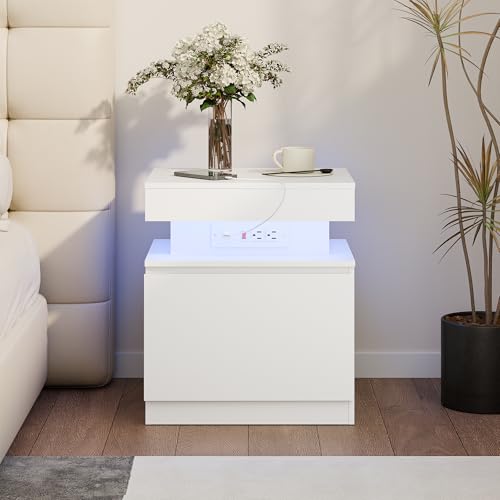 Cozy Castle LED Nightstand, LED Night Stand with Charging Station,Storage and Flip Top, Small End Side Table for Bedroom, Living Room (1, White) Cozy Castle