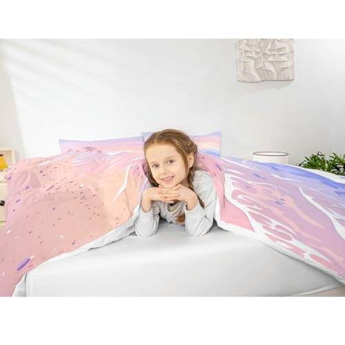 Homewish Pink Beach Duvet Cover Set Twin Size,Kids Girls Romantic Hawaii Ocean Style Bedding Set Teens Lover Room Decor,Palm Tree Comforter Cover Girly Summer Quilt Cover,1 Pillowcase,(No Comforter) Homewish
