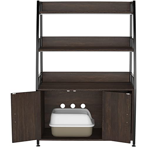 GDLF Large Hidden Cat Litter Box Enclosure Furniture with Shelf Wood Sturdy Cat Washroom Storage with Scratch, Dark Brown GDLF