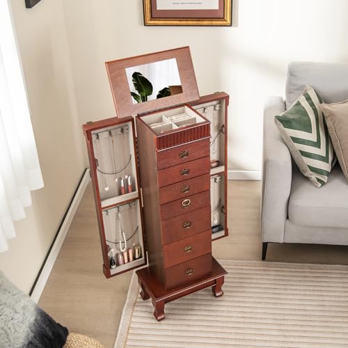 Giantex Standing Jewelry Armoire Cabinet Storage Chest with 7 Drawers, 2 Side Doors, 12 Necklace Hooks, Makeup Mirror and Top Divided Storage Organizer, Large Standing Jewelry Armoire Giantex