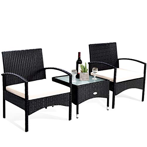 Tangkula 3 PCS Patio Wicker Rattan Furniture Set, Rattan Chair with Coffee Table, High Load Bearing Chair Conversation Sets for Patio Garden Lawn Backyard Pool (Black) Tangkula