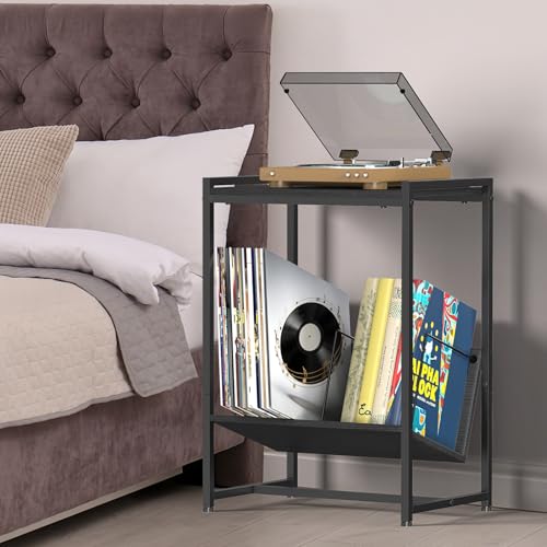 FANSXIVITA Record Player Table with Vinyl Storage,Black Small End Table Turntable Stand with Record Storage,Vinyl Record Player Stand,2 Tier Bed Side Table Modern Nightstand for Living Room Bedroom FANSXIVITA