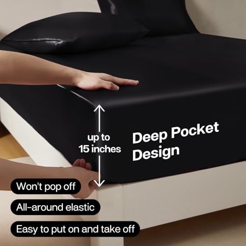 MR&HM Satin Fitted Sheet Queen Size, Silky Bottom Sheet with Elastic Corner Straps, Deep Pocket up to 15 Inch, No More Slipping Off for Mattress - 1 Fitted Sheet Only (Black) MR&HM