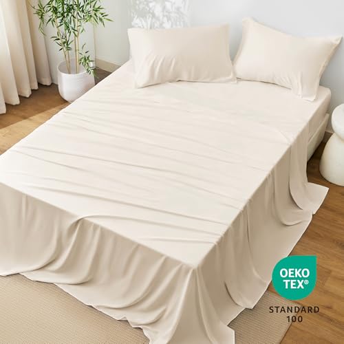 Love's cabin 4 Piece Full Size Sheet Set, Cooling Sheets, 100% Rayon Derived from Bamboo, Breathable & Soft Full Size Bed Set, Deep Pocket Up to 16", Hotel Luxury Silky Bedding Sheets, Beige Love's cabin