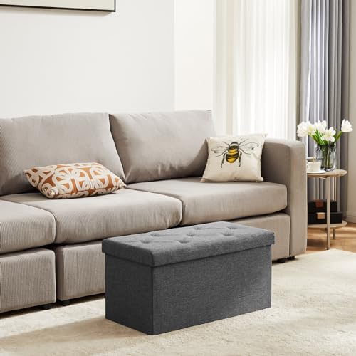 DUMOS 30in Foldable Storage Ottoman Bench, Storage Chest, End of Bed Foot Rest Stool with Padded Seat, Bedroom Bench for Living Room, Support 660lbs DUMOS
