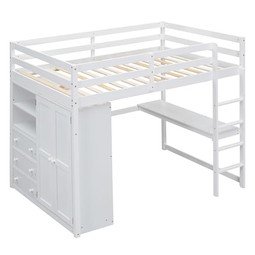 Full Size Loft Bed Frame with Built-in Wardrobe, Desk, Storage Shelves and Drawers, Wood Slat Support Merax