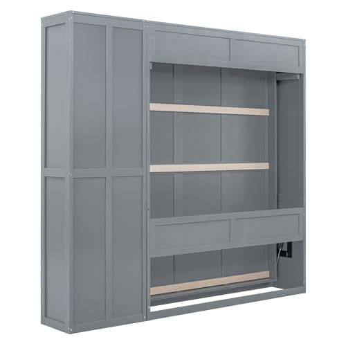 Merax Queen Size Murphy Bed, Wood Queen Wall Bed Frame with Shelves, for Home, Office or Small Room, Gray Merax