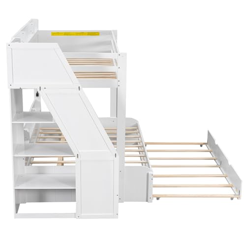 Bellemave Twin Over Full Bunk Bed with Storage Staircase, Trundle, Built-in Shelves & USB Charging Station, Space-Saving Design Bunk Bed Frame for Kids Teens, Solid Wood & MDF, White Bellemave