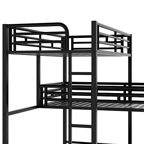 MERITLINE Metal Triple Bunk Bed for Kids, L-Shaped Twin Over Twin & Twin Bunk Bed Frame, 3 in 1 Bed Bunk Beds with Guardrails and Ladders for Teens Adults, Black MERITLINE