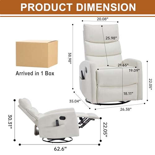Manual Swivel Rocker Recliner Chair for Adults, Overstuffed Glider Recliner for Nursing with Vibration Massage & Heat, Living Room Rocking Recliner 3-Stage backrest, Faux Leather White
