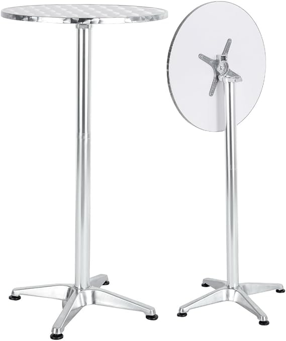 BTEXPERT Aluminum Indoor Outdoor 23.75" Round Restaurant Bar Height 45" Table flip top, Patio Stainless Steel Silver Furniture 25.75" Base BTEXPERT
