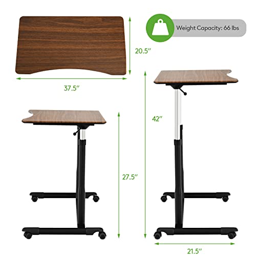 COSTWAY Mobile Height Adjustable Standing Desk, Compact Pneumatic Sit to Stand Computer Desk w/Lockable Casters, Ergonomic Rolling Laptop Table w/Steel Frame for Home Office (Espresso) COSTWAY