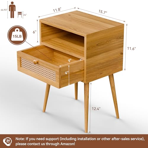 Rattan Nightstand Bedside Tables, Modern Wood Side Table Small End Table for Bedroom Living Room with Long Solid Wood Legs Drawer and Open Shelf HOCAT