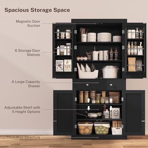 FIONESO 72” Pantry Cabinet, Tall Storage Cabinet with 6 Hanging Shelves & 1 Large Drawer, Kitchen Pantry Cabinet with Adjustable Shelf, for Dinging Room, Living Room, Black FIONESO