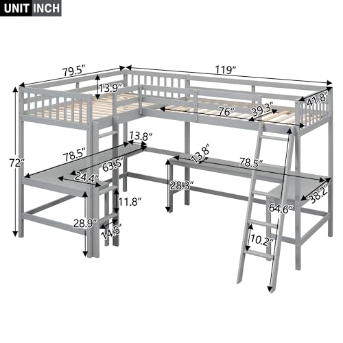 Harper & Bright Designs L-Shaped Loft Bed with Desks, Wood Twin Size Loft Bed with Ladder & 2 L-Shaped Desks, Corner Twin Bed for Kids, Teens, Adults (Gray) Harper & Bright Designs