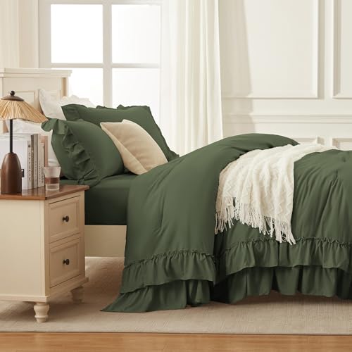 Andency Olive Green Twin Size Comforter Set (66x90Inch), 2 Pieces Fluffy Shabby Chic Ruffle Bedding Comforter Sets, All Season Soft Lightweight Bedding Set for Kids, College Dorm