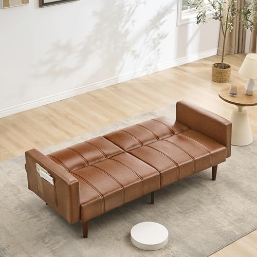 Garvee Modern Futon Sofa Bed, Convertible 75" Sleeper with Adjustable Backrest & Side Pockets, Mid-Century Brown PU Leather Garvee