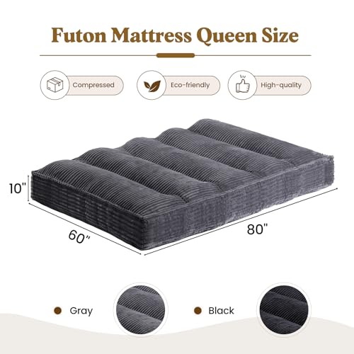 NLDD 10" Futon Mattress Queen Size, Ultra Thick Futons Sofa Couch Bed Sleeper Sofa Bed, Versatile Floor Futons Japanese Floor Mattress for Adults, Grey (Frame Not Included) NLDD