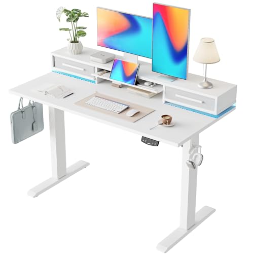 Agilestic 48 Inch Electric Standing Desk with Drawers, Adjustable Desk with Storage Shelf, Stand Up Home Office Computer Table, Splice Board, White Agilestic