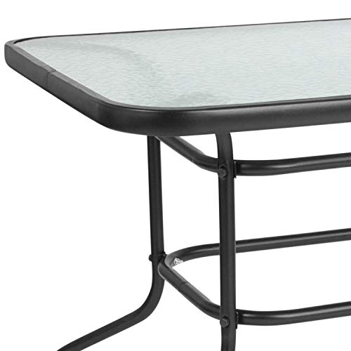 Flash Furniture Tory 31.5" x 55" Rectangular Tempered Glass Metal Patio Table with Umbrella Hole, Modern Rippled Glass Outdoor Dining Table, Black Flash Furniture