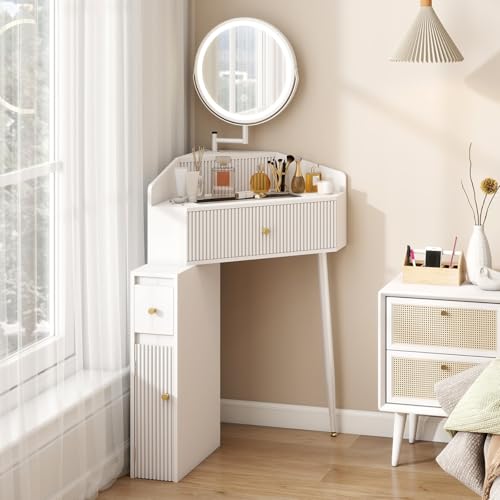 ARTETHYS Corner Vanity Desk with Retractable and Rotating Mirror and Lights Small Modern White Makeup Vanity Set with Glass Top for Women Compact Girls Dressing Table with Drawer for Small Space ARTETHYS