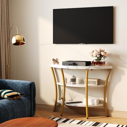 39.4" Console Table with Half Moon Wood Shelves, 3 Tier Modern Entryway Table with Curved Metal Frames, Narrow Sofa Couch Table for Hallway, Entrance, Living Room, Foyer, White Marble & Gold knoworld
