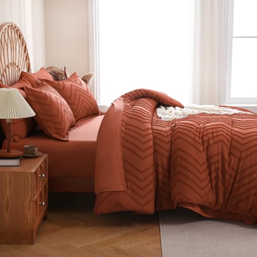 Sheet&Joy Twin Comforter Set with Sheets Burnt Orange - 5 Pieces Boho Tufted Shabby Chic Bed in a Bag, Fluffy Soft Farmhouse Bed Set for All Seasons Sheet&Joy