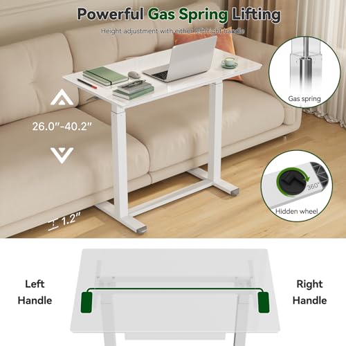 Gibbon Mounts Glass Standing Desk with Drawers,35inch Small Mobile Laptop Desk, Height Adjustable Rolling Sit Stand Desk, White Pneumatic Portable Computer Desk with Hidden Wheels or Lockable Casters Gibbon Mounts