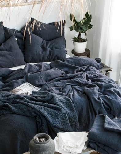 Ghasiram Textiles, Graphite Blue Linen Bedding Set - Duvet Cover & 2 Pillowcases - King Queen Full Double Twin Single - Anthracite Gray Blue Washed Soft Linen (Queen XL 90x98) Generic
