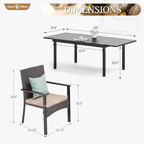Sophia & William 9 Pieces Patio Dining Set for 6-8 People, Expandable Rectangular Metal Outdoor Table and Rattan Chairs with Cushions, All Weather Patio Table and Chairs Set Sophia & William