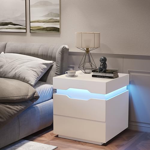 YESHOMY Nightstand with LED Light and Charging Station, Endtable with 2 Drawers, Bedside Table with Large Capacity, for Bedroom, Set of 2, 21.2" Height, White YESHOMY