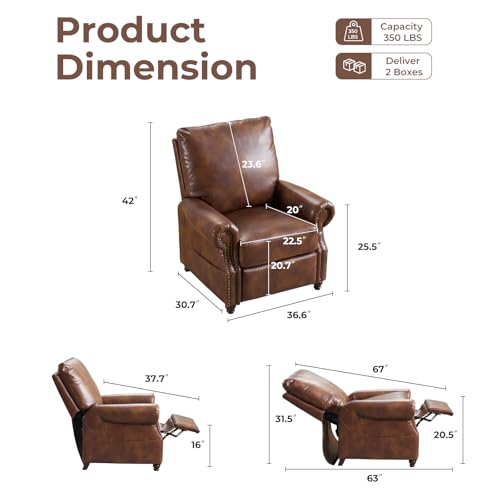 Pushback Recliner Chair with Massage and Heating, Breathable Leather Recliner Chair with Overstuffed Backrest and Rivet Decoration, Single Sofa Accent Chair for Living Room, Light Brown