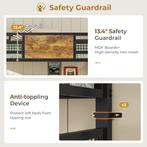 Twin Metal Loft Bed with L-Shaped Desk, LED Lights & Charging Station by ADORNEVE in Black ADORNEVE