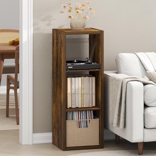 Furinno Cubicle Record Player Stand with Vinyl Storage, 3-Cube 1.2 Extra Thick Vinyl Record Storage, Open Back Media Shelf for CD DVD Blueray Game Disc, for Living Room, Home Office, Amber Pine Furinno