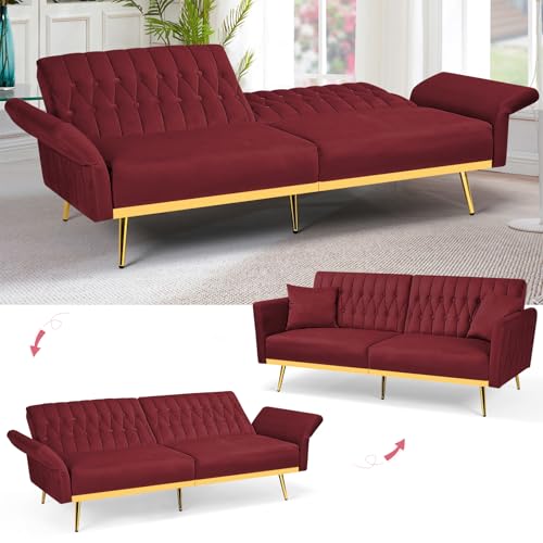 ACMEASE 70” Velvet Futon Sofa Bed with 2 Pillows and Adjustable Armrests, Convertible Sleeper Bed W/Adjustable Backrests, Modern Loveseat for Living Room, Bedroom, Red ACMEASE