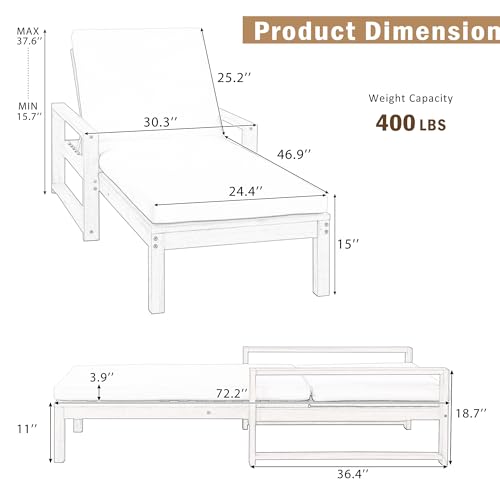 THINK 30 Lounge Chair Outdoor, Acacia Wood Oversized Chaise Lounge Chair with 5 Positions, Patio Lounge Chair with Thick Cushions, Weather-Resistant for Pool, Deck, Poolside,Light Teak THINK 30