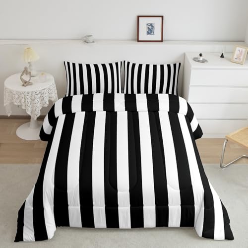 Erosebridal Black and White Striped Twin Comforter Set (Pink Reversible) | Striped Bedding Set Pink and Black Comforter Sets for Kids Teens Adults Cute Pinstripe Girls Bed Quilt Sets Erosebridal