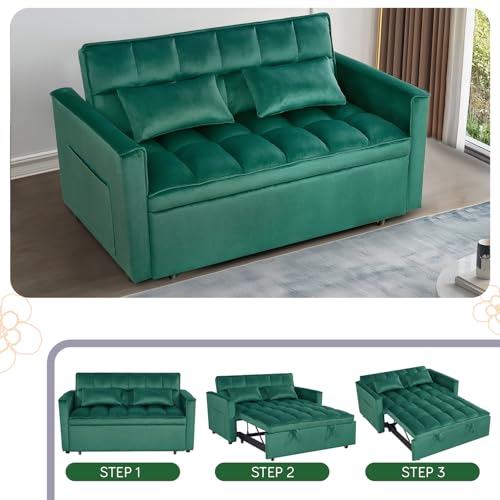 3 in 1 Convertible Sleeper Sofa Futon Bed,Modern Velvet Pull Out Couch Bed with Reclining Backrest&2 Pillows,54" Full Size Small Love Seat Lounge Couches for Small Spaces,Living Room (Dark Green) Majnesvon