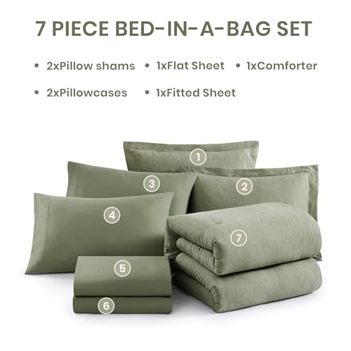Monbix Queen Comforter Set - 7 Pieces Cationic Dyeing Sage Green Bed in a Bag Queen Bedding Sets with Comforter, Sheets, Pillowcases & Shams, Reversible Bedding Comforters Sets Monbix