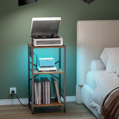 Asgolion Record Player Stand with Charging Station, 3-Tier End Table with LED Light, Side Table Nightstand for Vinyl Storage,Tall Beside Tables Turntable Stand Living Room, Bedroom, Rustic Brown Asgolion